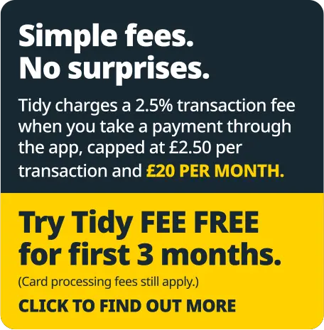 Tidy app promotional graphic highlighting simple fees, no surprises, and a three-month fee-free trial for users, featuring key details on transaction fees and monthly costs.