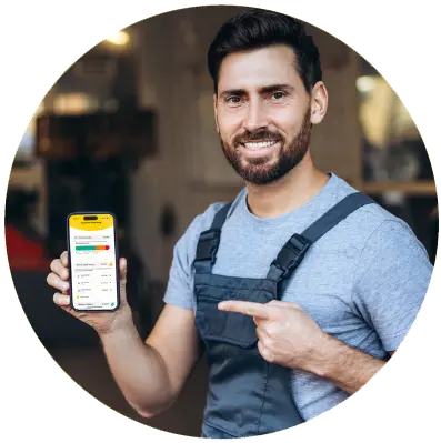 Man in work attire holding smartphone displaying Tidy app's job scheduling and cashflow features, highlighting business management efficiency.