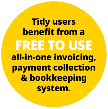 Tidy app promotional graphic highlighting free-to-use all-in-one invoicing, payment collection, and bookkeeping system benefits for users.